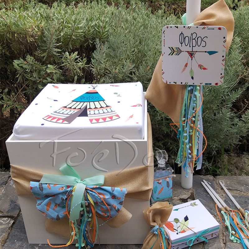 Σετ Βάπτισης Ξύλινο Σκαμπό, Λαμπάδα & Λαδοσέτ "Σκηνή ινδιάνου"