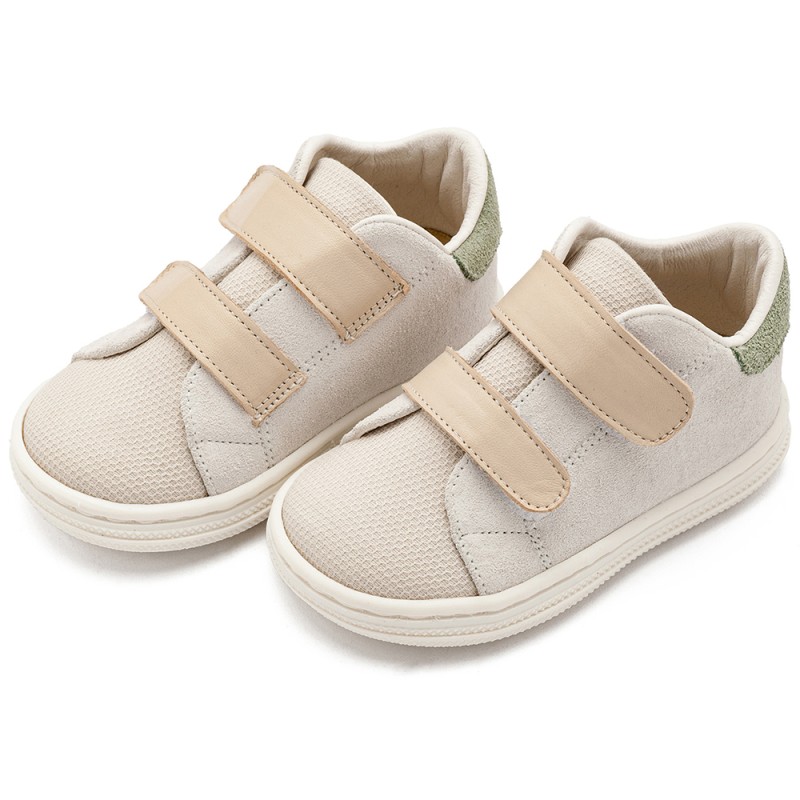 Δερμάτινο-Υφασμάτινο Sneaker με Διπλή Μπαρέτα Χρατς - Μπεζ Λευκό Δερμάτινο-Υφασμάτινο Sneaker με Διπλή Μπαρέτα Χρατς - Μπεζ Λευκό