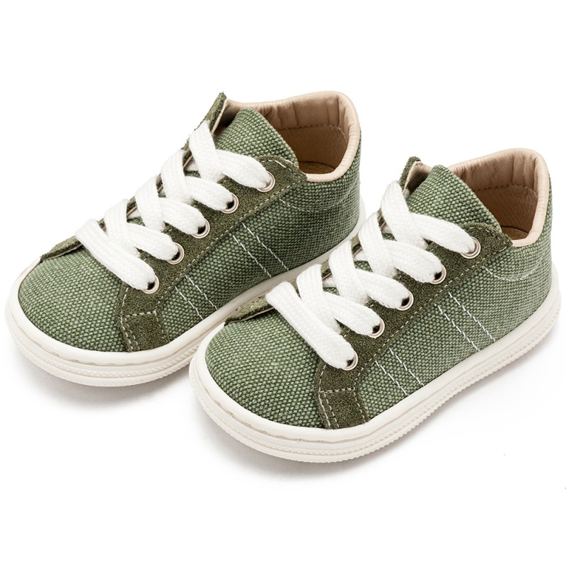 Βαπτιστικά Sneakers Babywalker Δετά σε Χακί από Ύφασμα & Δέρμα Βαπτιστικά Sneakers Babywalker Δετά σε Χακί από Ύφασμα & Δέρμα