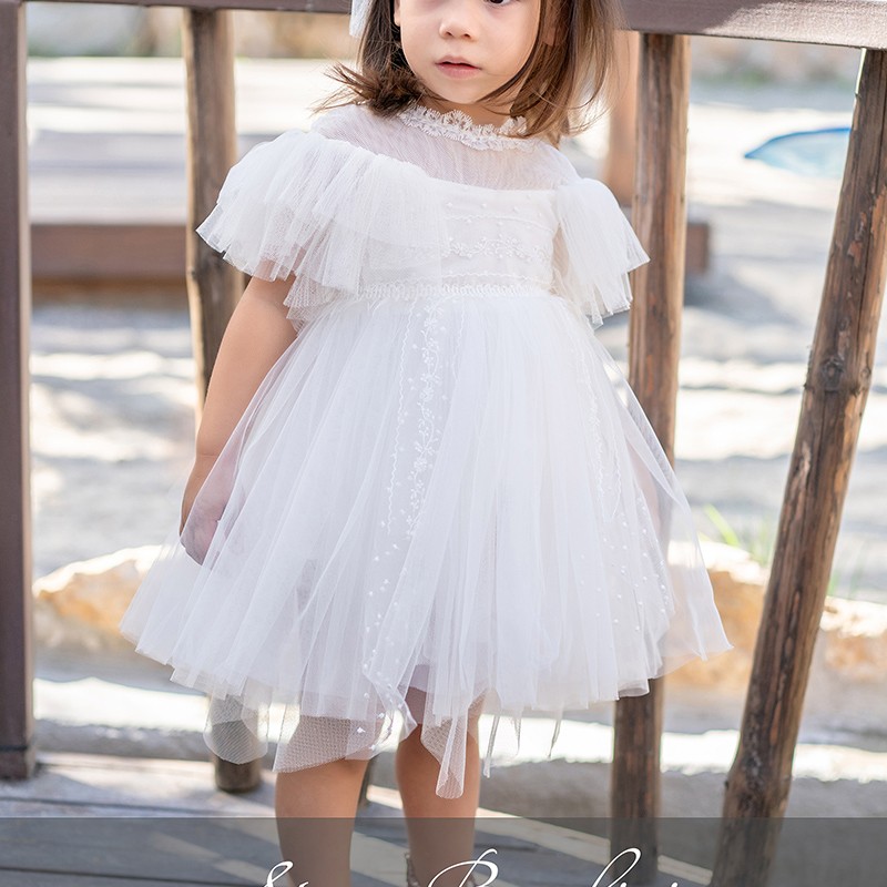 Βαπτιστικό Φόρεμα Stova Bambini – Ασύμμετρο Off-White με Βολάν