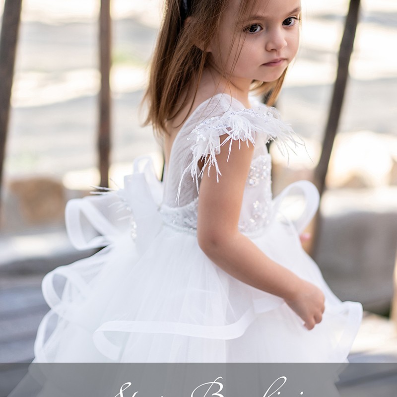 Βαπτιστικό Φόρεμα Stova Bambini – Off-White με Παγιέτες & Φτερά Marabou