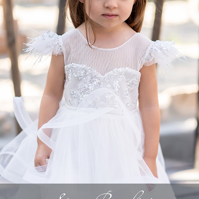 Βαπτιστικό Φόρεμα Stova Bambini – Off-White με Παγιέτες & Φτερά Marabou