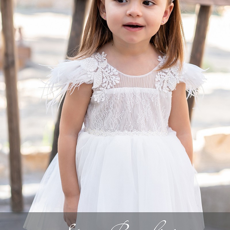 Βαπτιστικό Φόρεμα Stova Bambini – Off-White με Δαντέλα & Φτερά Marabou