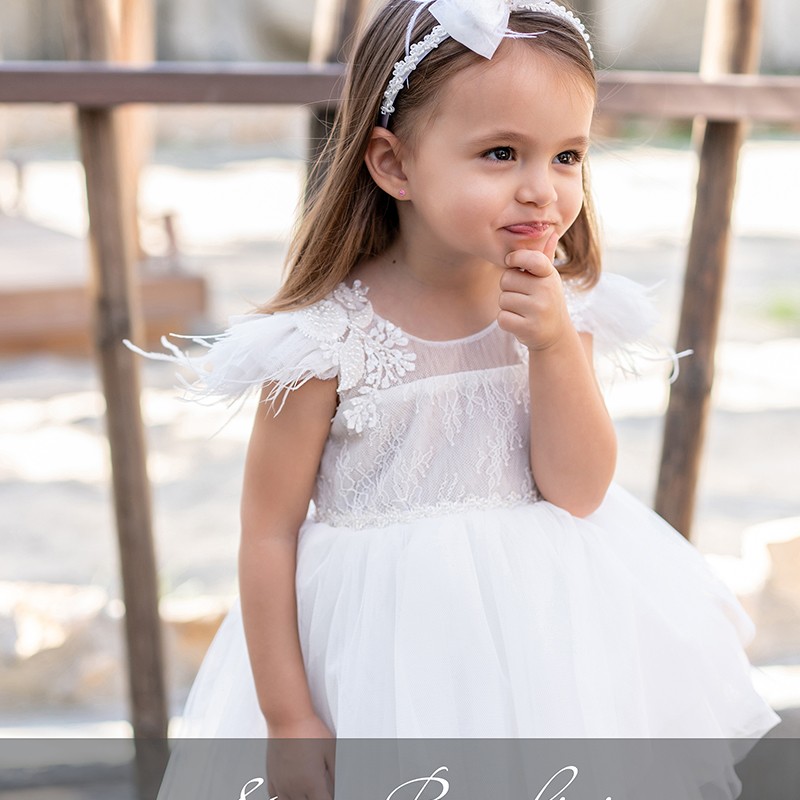 Βαπτιστικό Φόρεμα Stova Bambini – Off-White με Δαντέλα & Φτερά Marabou