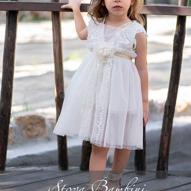 Βαπτιστικό Φόρεμα Stova Bambini – Gold Glitter Tulle με Γαλλικές Δαντέλες