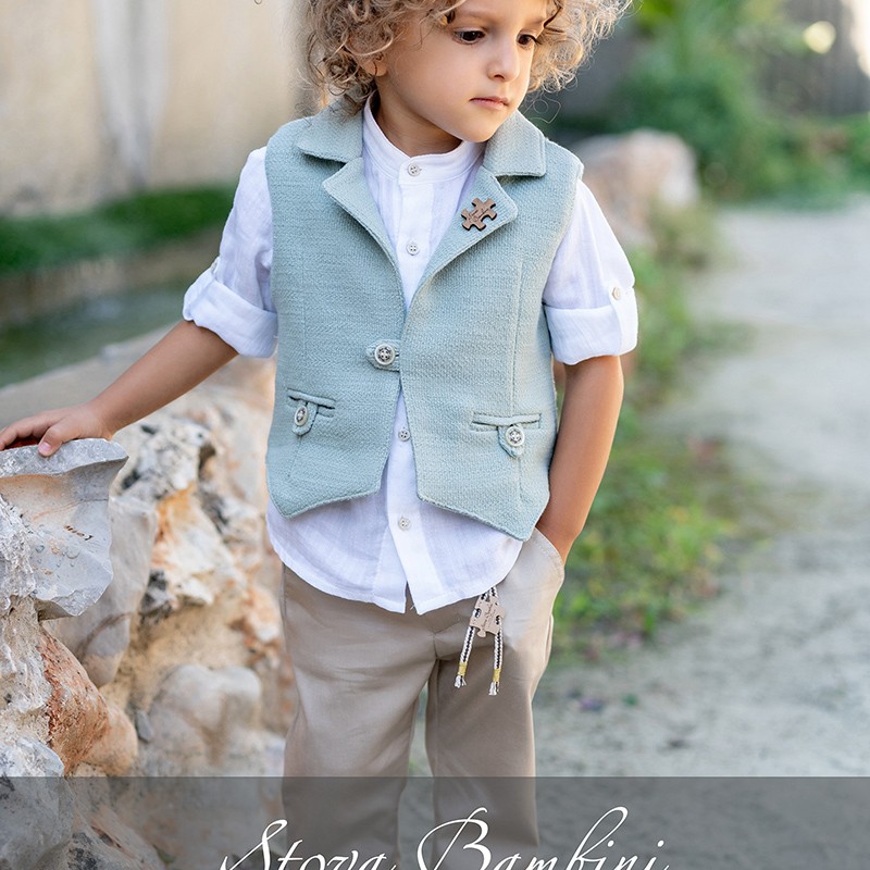 Αγορίστικο Βαπτιστικό Ρούχο Stova Bambini –  Γιλέκο Μέντας & Μπεζ Παντελόνι