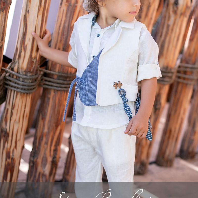 Αγορίστικο Βαπτιστικό Ρούχο Stova Bambini – Λινό Λευκό & Μπλε Boho Chic